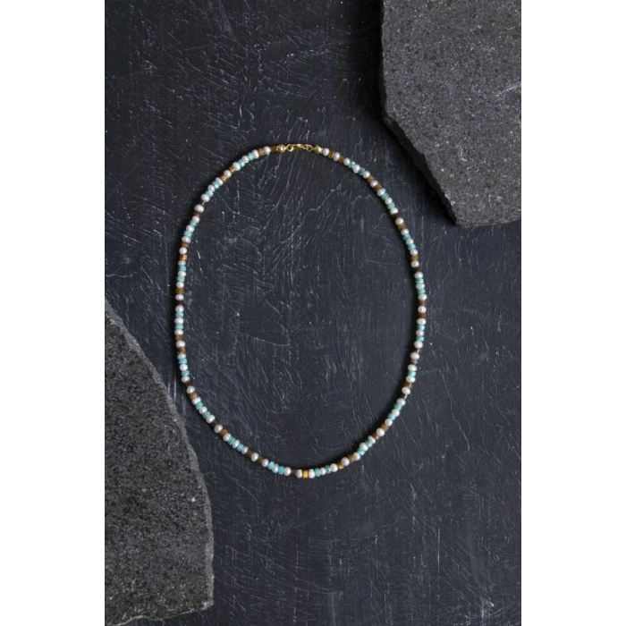 Sertifikalı İnci Kaplan Gözü Turkuaz Gümüş Kapama Doğal Taş Kolye