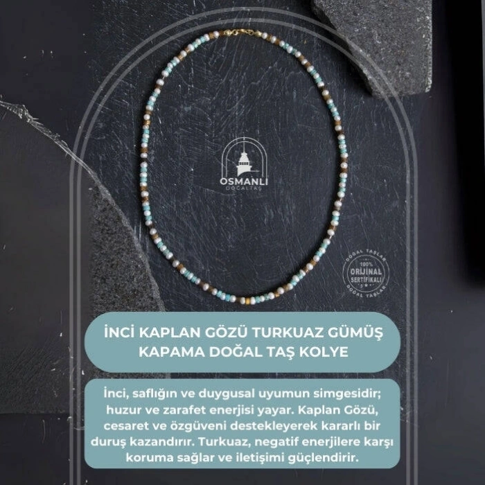Sertifikalı İnci Kaplan Gözü Turkuaz Gümüş Kapama Doğal Taş Kolye