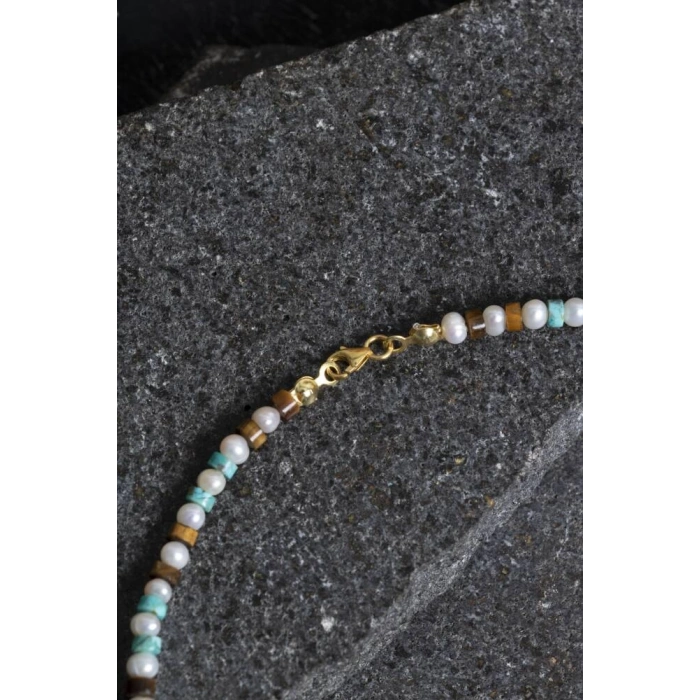 Sertifikalı İnci Kaplan Gözü Turkuaz Gümüş Kapama Doğal Taş Kolye