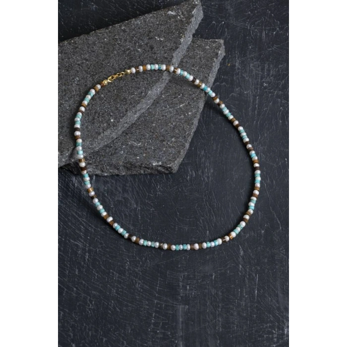 Sertifikalı İnci Kaplan Gözü Turkuaz Gümüş Kapama Doğal Taş Kolye