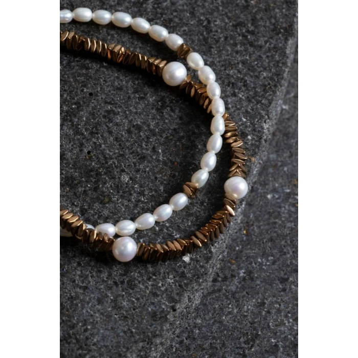 Sertifikalı İnci ve Hematit Detaylı Doğaltaş Bileklik