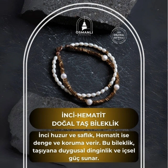 Sertifikalı İnci ve Hematit Detaylı Doğaltaş Bileklik