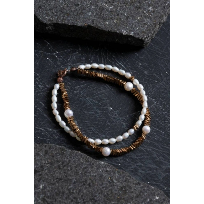 Sertifikalı İnci ve Hematit Detaylı Doğaltaş Bileklik