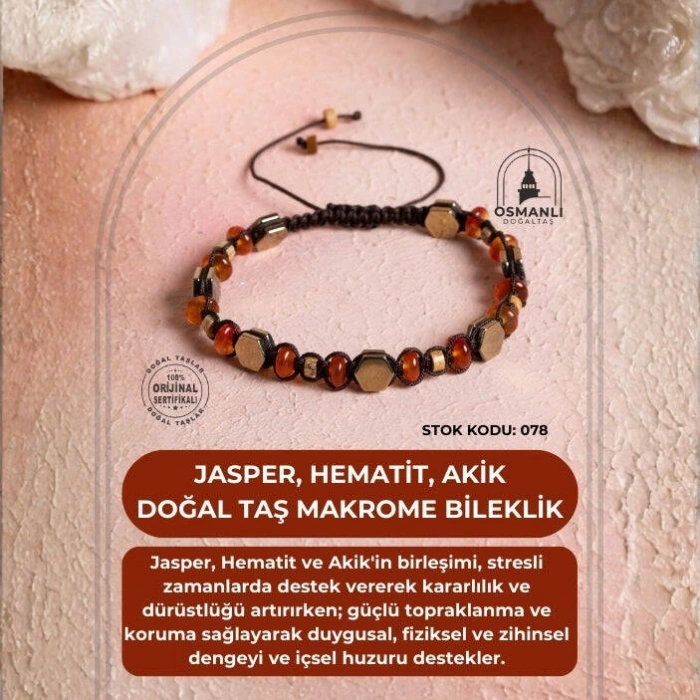 Sertifikalı Jasper, Hematit, Akik Doğal Taş Makrome Bileklik (SK:078)