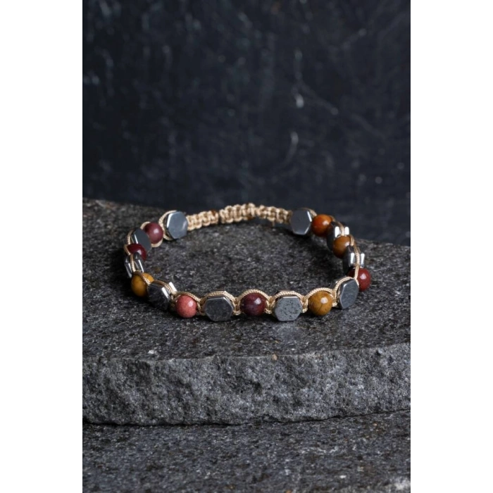 Sertifikalı Jasper, Hematit Doğal Taş Makrome Bileklik