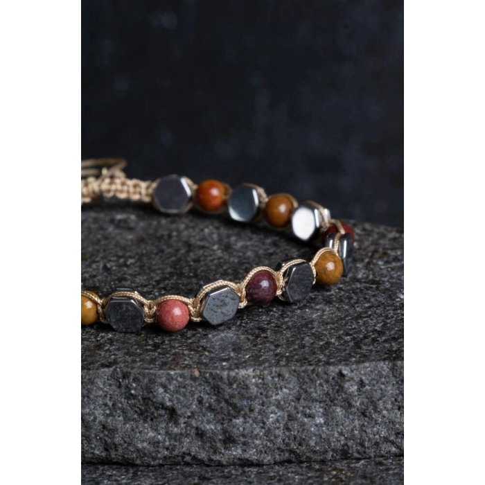 Sertifikalı Jasper, Hematit Doğal Taş Makrome Bileklik