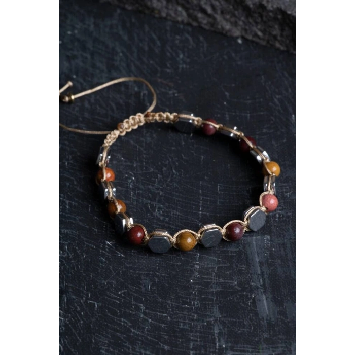 Sertifikalı Jasper, Hematit Doğal Taş Makrome Bileklik