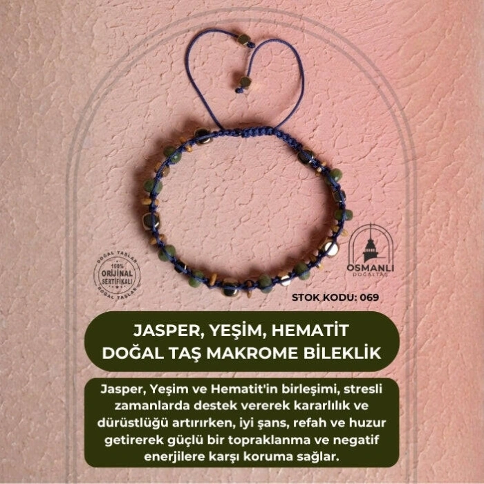 Sertifikalı Jasper, Yeşim, Hematit Doğal Taş Makrome Bileklik (SK:069)
