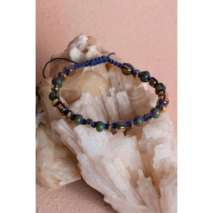 Sertifikalı Jasper, Yeşim, Hematit Doğal Taş Makrome Bileklik (SK:069)