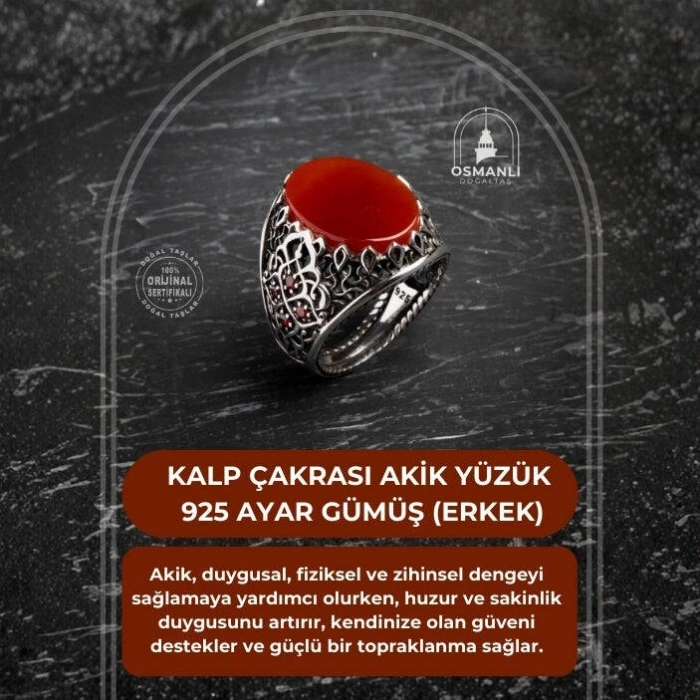 Sertifikalı Kalp Çakrası Akik Yüzük 925 Ayar Gümüş (Erkek)