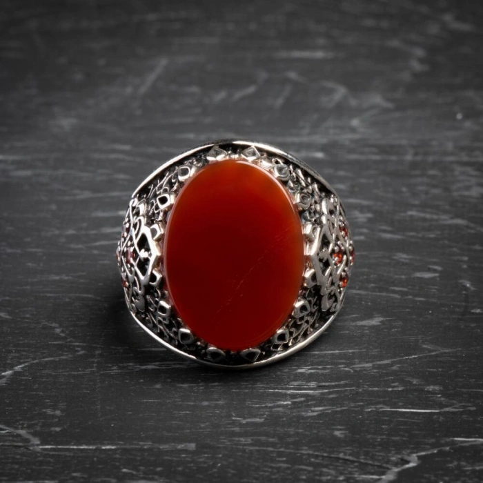 Sertifikalı Kalp Çakrası Akik Yüzük 925 Ayar Gümüş (Erkek)