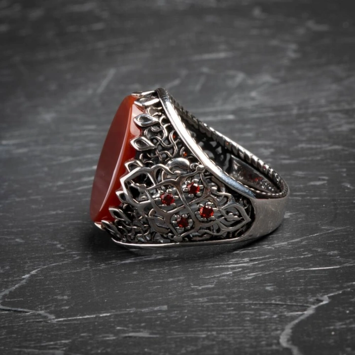 Sertifikalı Kalp Çakrası Akik Yüzük 925 Ayar Gümüş (Erkek)