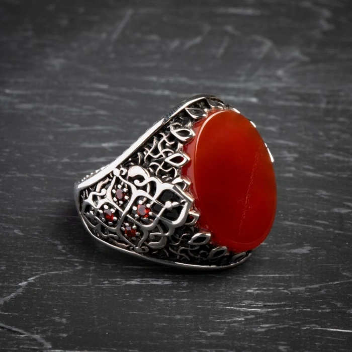 Sertifikalı Kalp Çakrası Akik Yüzük 925 Ayar Gümüş (Erkek)