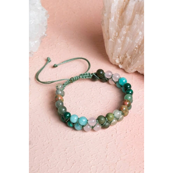 Sertifikalı Kalp Çakrası Çift Sıra Doğal Taş Makrome Bileklik