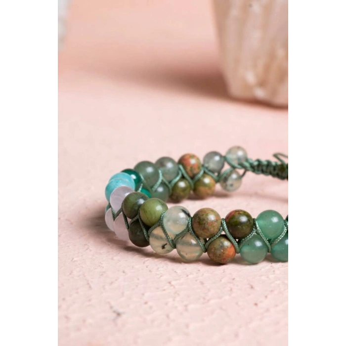 Sertifikalı Kalp Çakrası Çift Sıra Doğal Taş Makrome Bileklik