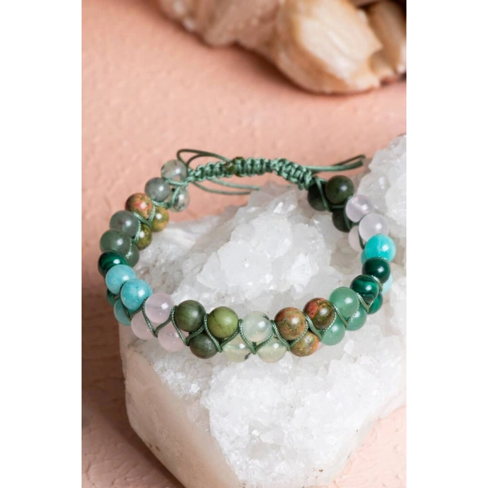 Sertifikalı Kalp Çakrası Çift Sıra Doğal Taş Makrome Bileklik