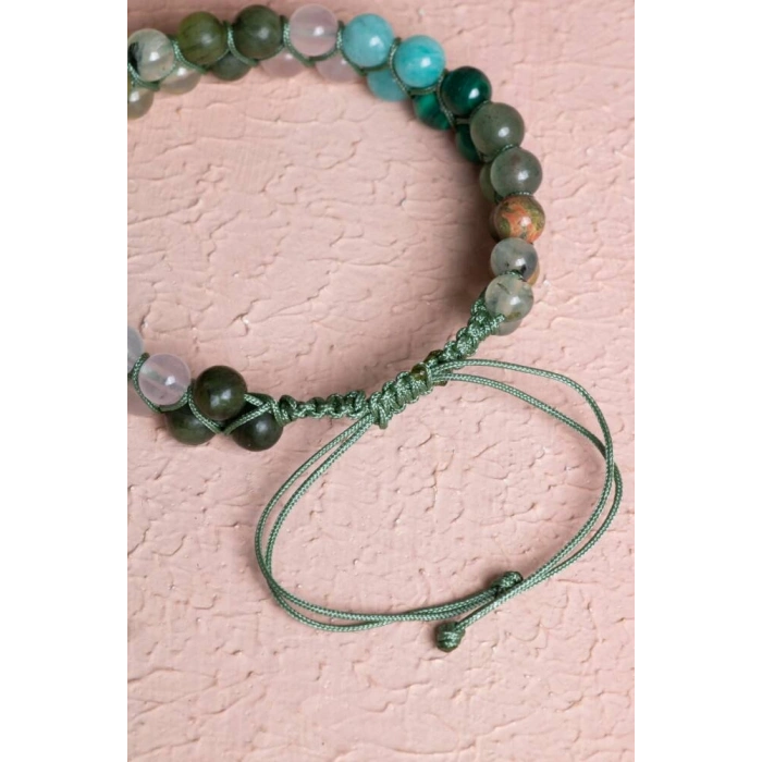 Sertifikalı Kalp Çakrası Çift Sıra Doğal Taş Makrome Bileklik