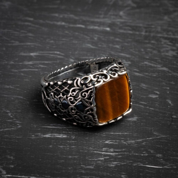 Sertifikalı Kaplan Gözü 925 Ayar Gümüş Osmanlı Motifli Yüzük (Erkek)