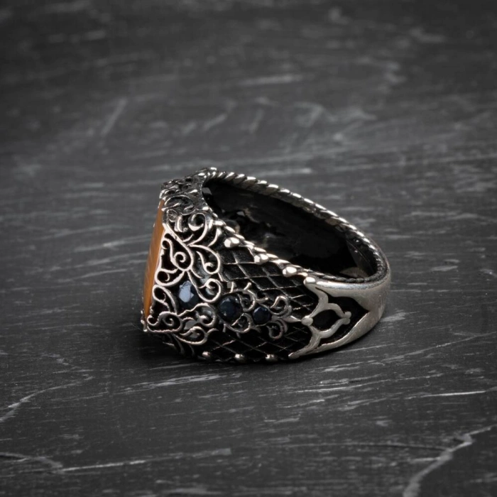 Sertifikalı Kaplan Gözü 925 Ayar Gümüş Osmanlı Motifli Yüzük (Erkek)