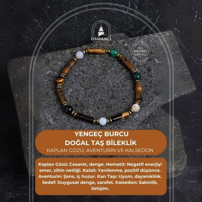 Sertifikalı Kaplan Gözü, Aventurin ve Kalsedon Yengeç Bilekliği