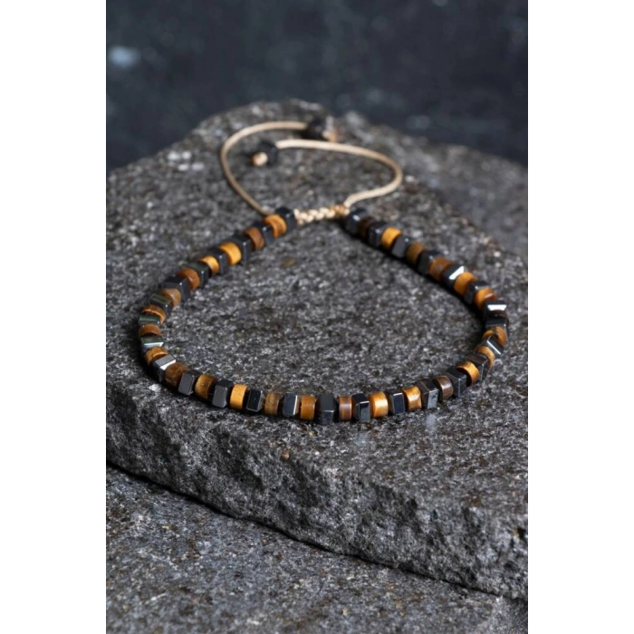 Sertifikalı Kaplan Gözü, Hematit Doğal Taş Makrome Bileklik (SK:366)