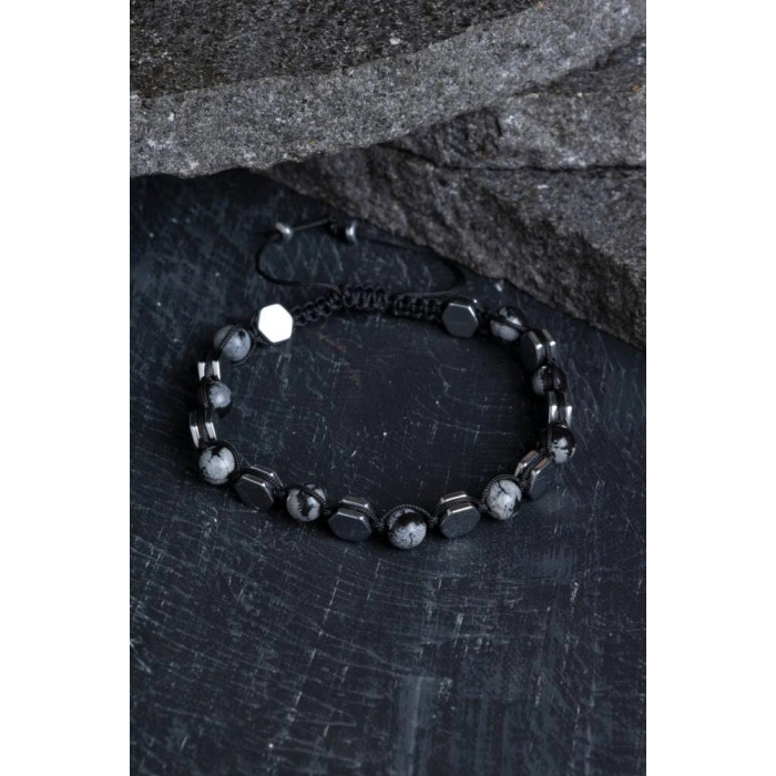 Sertifikalı Karlı Obsidyen, Hematit  Doğal Taş Makrome Bileklik