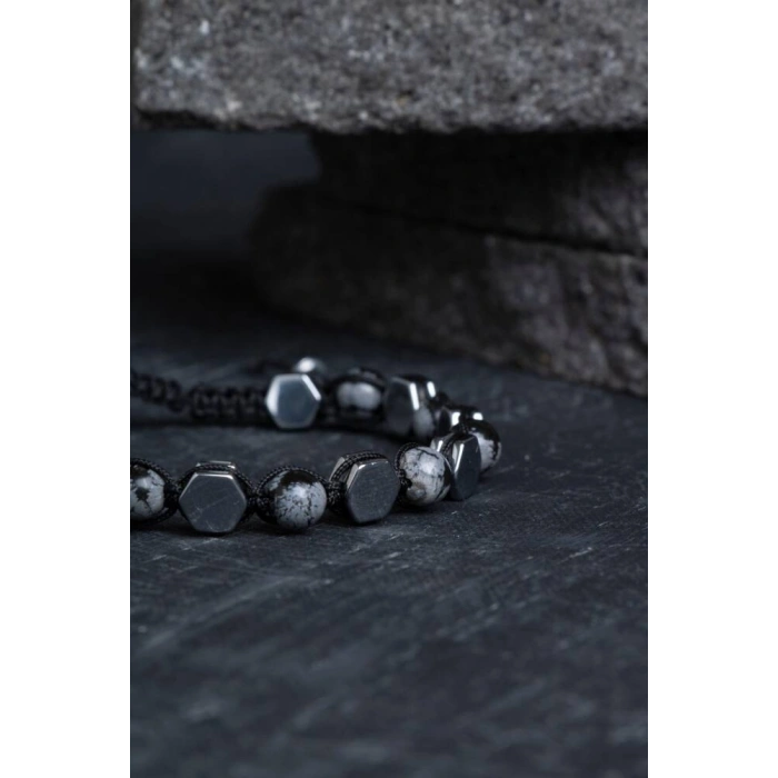 Sertifikalı Karlı Obsidyen, Hematit  Doğal Taş Makrome Bileklik