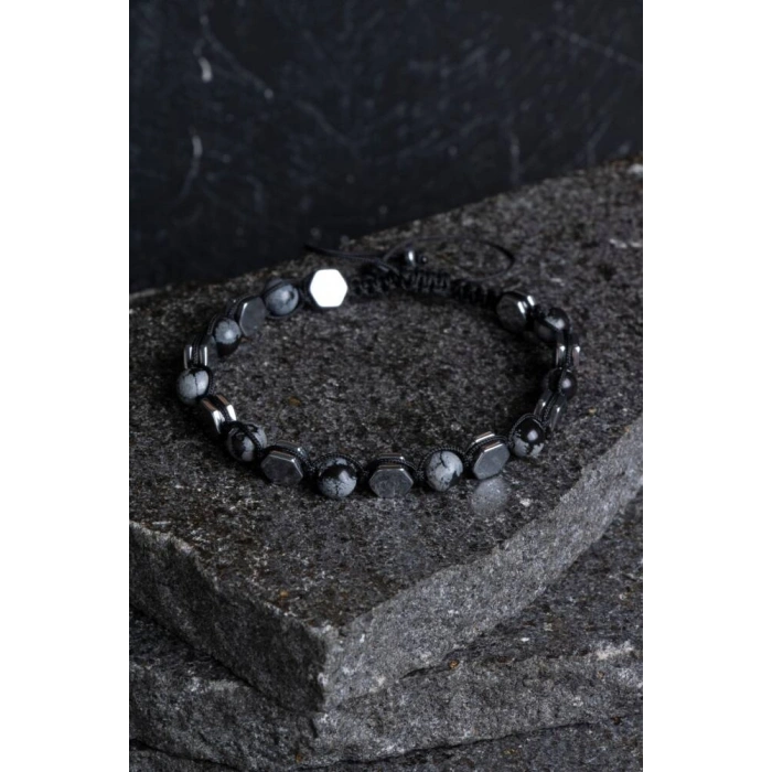 Sertifikalı Karlı Obsidyen, Hematit  Doğal Taş Makrome Bileklik