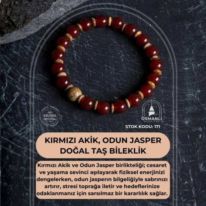 Sertifikalı Kırmızı Akik, Odun Jasper Doğal Taş Bileklik (SK:171)