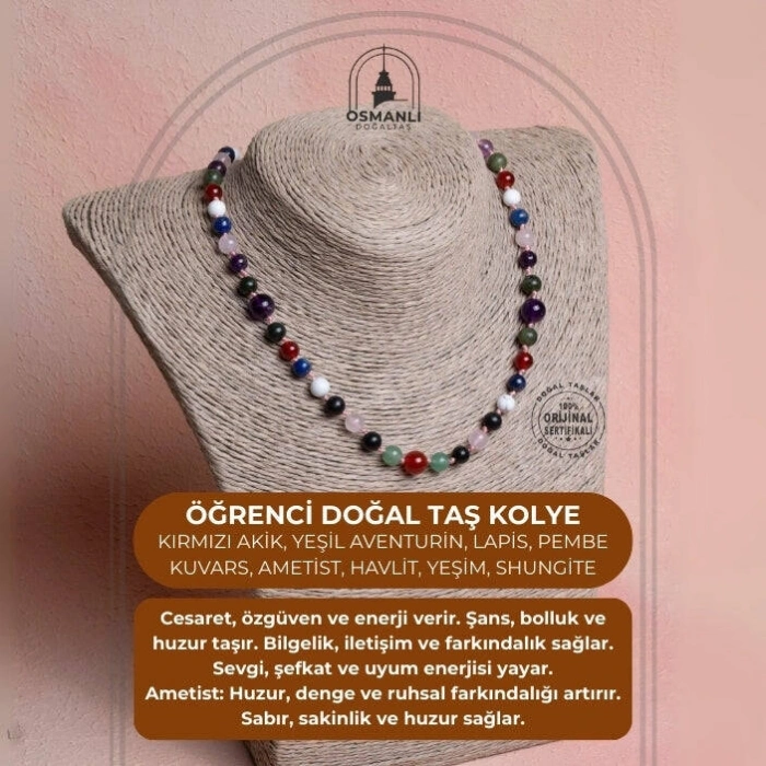 Sertifikalı Kırmızı Akik, Yeşil Aventurin, Lapis, Pembe Kuvars, Ametist, Havlit, Yeşim, Shungite Kız Öğrenci Kolye