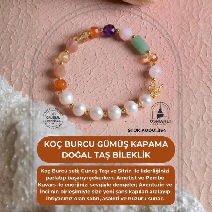 Sertifikalı Koç Burcu Gümüş Kapama Doğal Taş Bileklik (SK:264)