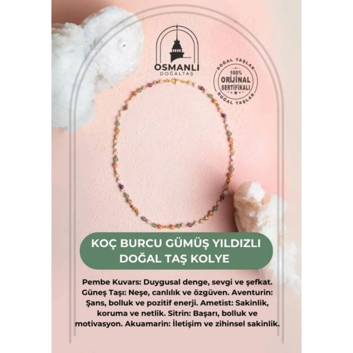 Sertifikalı Koç Burcu Gümüş Yıldızlı Doğal Taş Kolye