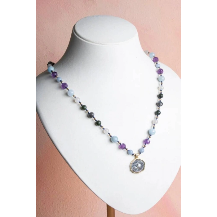 Sertifikalı Kova Burcu Doğal Taş Makrome Kolye