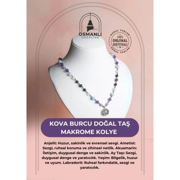 Sertifikalı Kova Burcu Doğal Taş Makrome Kolye