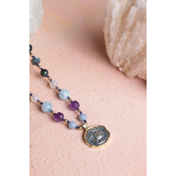 Sertifikalı Kova Burcu Doğal Taş Makrome Kolye