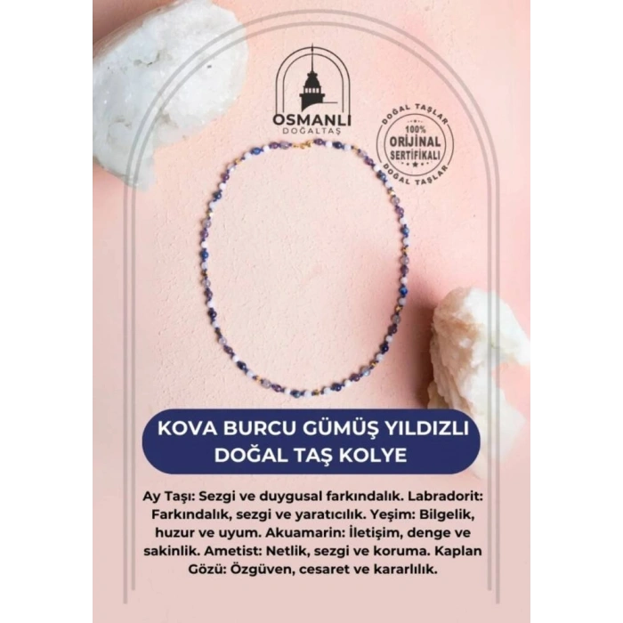 Sertifikalı Kova Burcu Gümüş Yıldızlı Doğal Taş Kolye