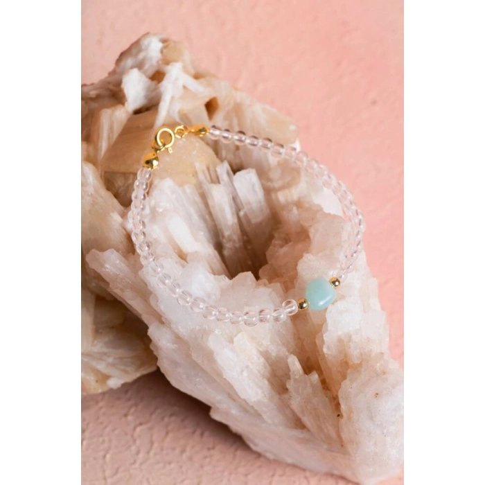 Sertifikalı Kristal Kuvars, Amazonit Gümüş Kapama Doğal Taş Bileklik (SK:062)