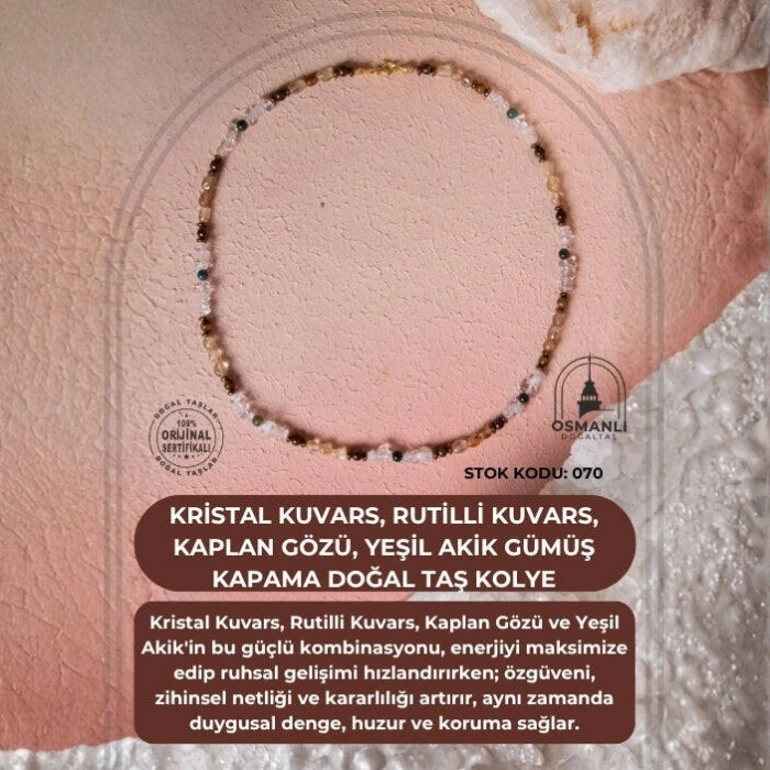 Sertifikalı Kristal Kuvars, Rutilli Kuvars, Kaplan Gözü, Yeşil Akik Gümüş Kapama Doğal Taş Kolye (SK:070)