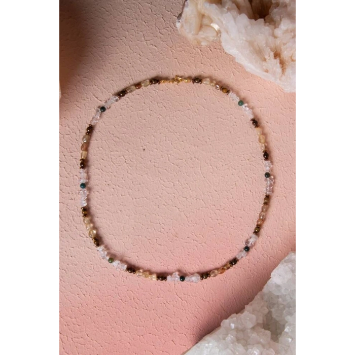 Sertifikalı Kristal Kuvars, Rutilli Kuvars, Kaplan Gözü, Yeşil Akik Gümüş Kapama Doğal Taş Kolye (SK:070)