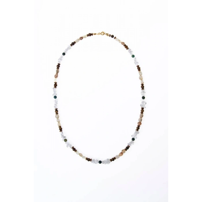 Sertifikalı Kristal Kuvars, Rutilli Kuvars, Kaplan Gözü, Yeşil Akik Gümüş Kapama Doğal Taş Kolye (SK:070)