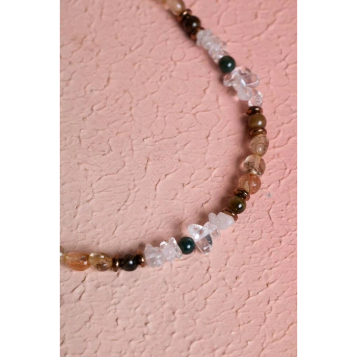 Sertifikalı Kristal Kuvars, Rutilli Kuvars, Kaplan Gözü, Yeşil Akik Gümüş Kapama Doğal Taş Kolye (SK:070)