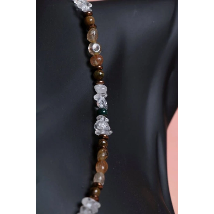 Sertifikalı Kristal Kuvars, Rutilli Kuvars, Kaplan Gözü, Yeşil Akik Gümüş Kapama Doğal Taş Kolye (SK:070)