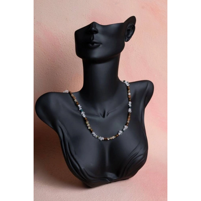 Sertifikalı Kristal Kuvars, Rutilli Kuvars, Kaplan Gözü, Yeşil Akik Gümüş Kapama Doğal Taş Kolye (SK:070)