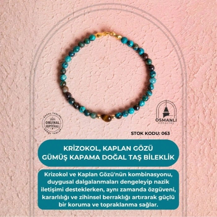 Sertifikalı Krizokol, Kaplan Gözü Gümüş Kapama Doğal Taş Bileklik (SK:063)