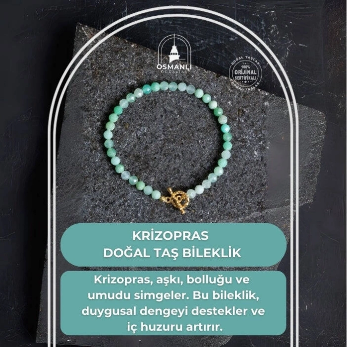 Sertifikalı Krizopras Altın Kaplama Gümüş Aparat Doğal Taş Bileklik