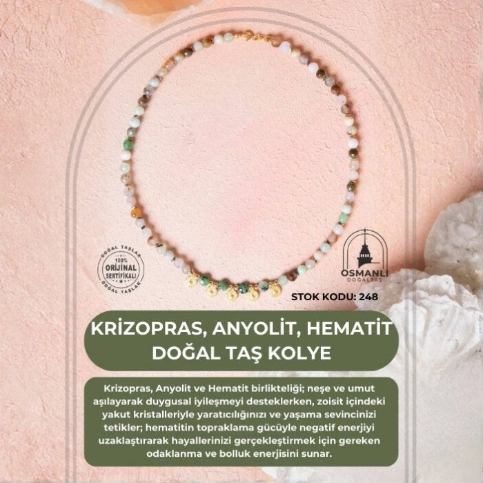 Sertifikalı Krizopras, Anyolit, Hematit Doğal Taş Kolye (SK:248)