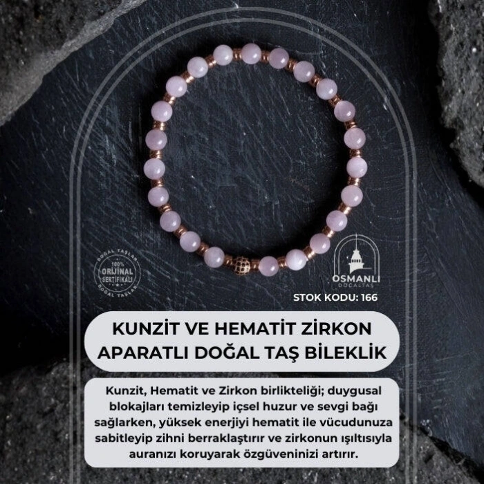 Sertifikalı Kunzit, Hematit Zirkon Aparatlı Doğal Taş Bileklik (SK:166)