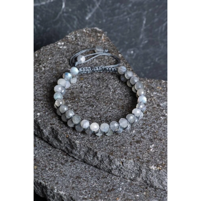 Sertifikalı Labradorit Çift Sıra Doğal Taş Makrome Bileklik (SK:208)