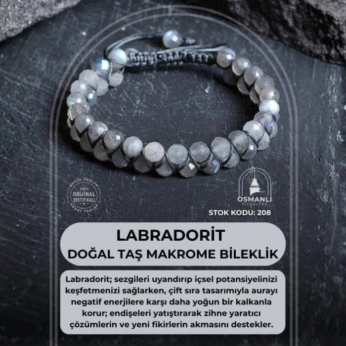 Sertifikalı Labradorit Çift Sıra Doğal Taş Makrome Bileklik (SK:208)