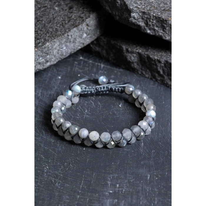 Sertifikalı Labradorit Çift Sıra Doğal Taş Makrome Bileklik (SK:208)